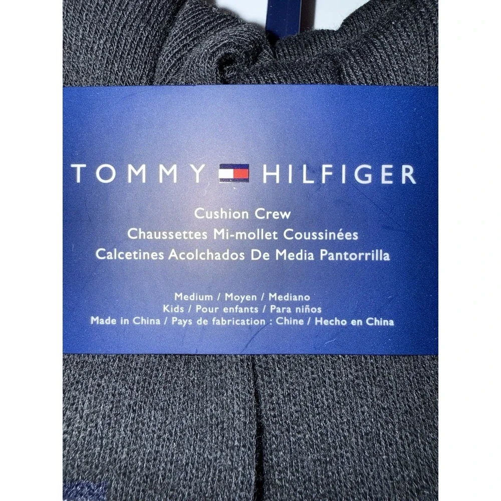 Tommy Hilfiger Kids Crew Socks 6 Pack Black Cushion Medium Logo Comfort NEW